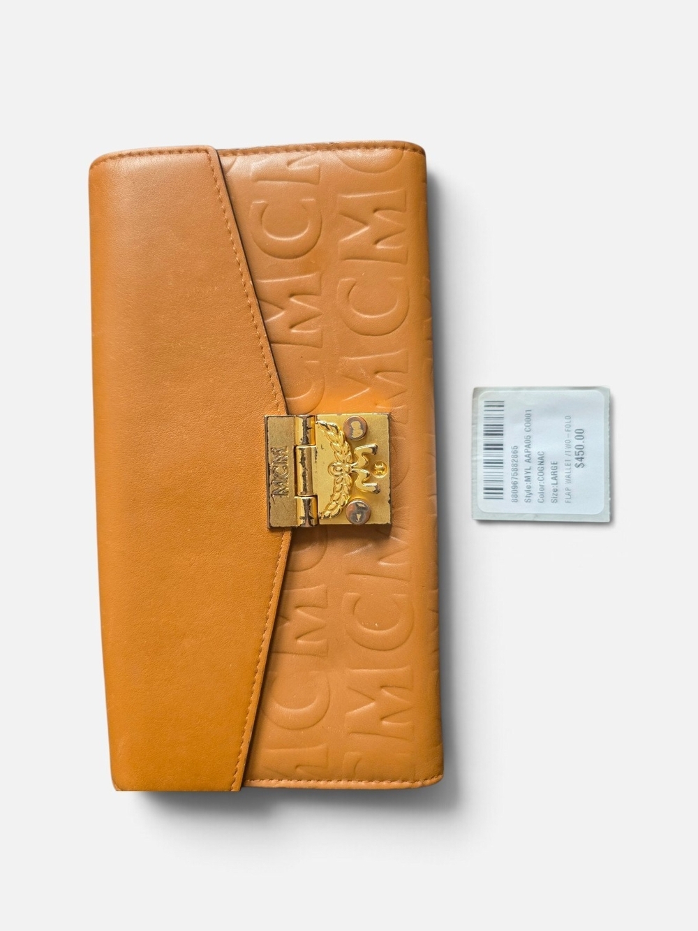 MCM Cognac Tan Leather Embossed Wallet with Gold-Tone Lock